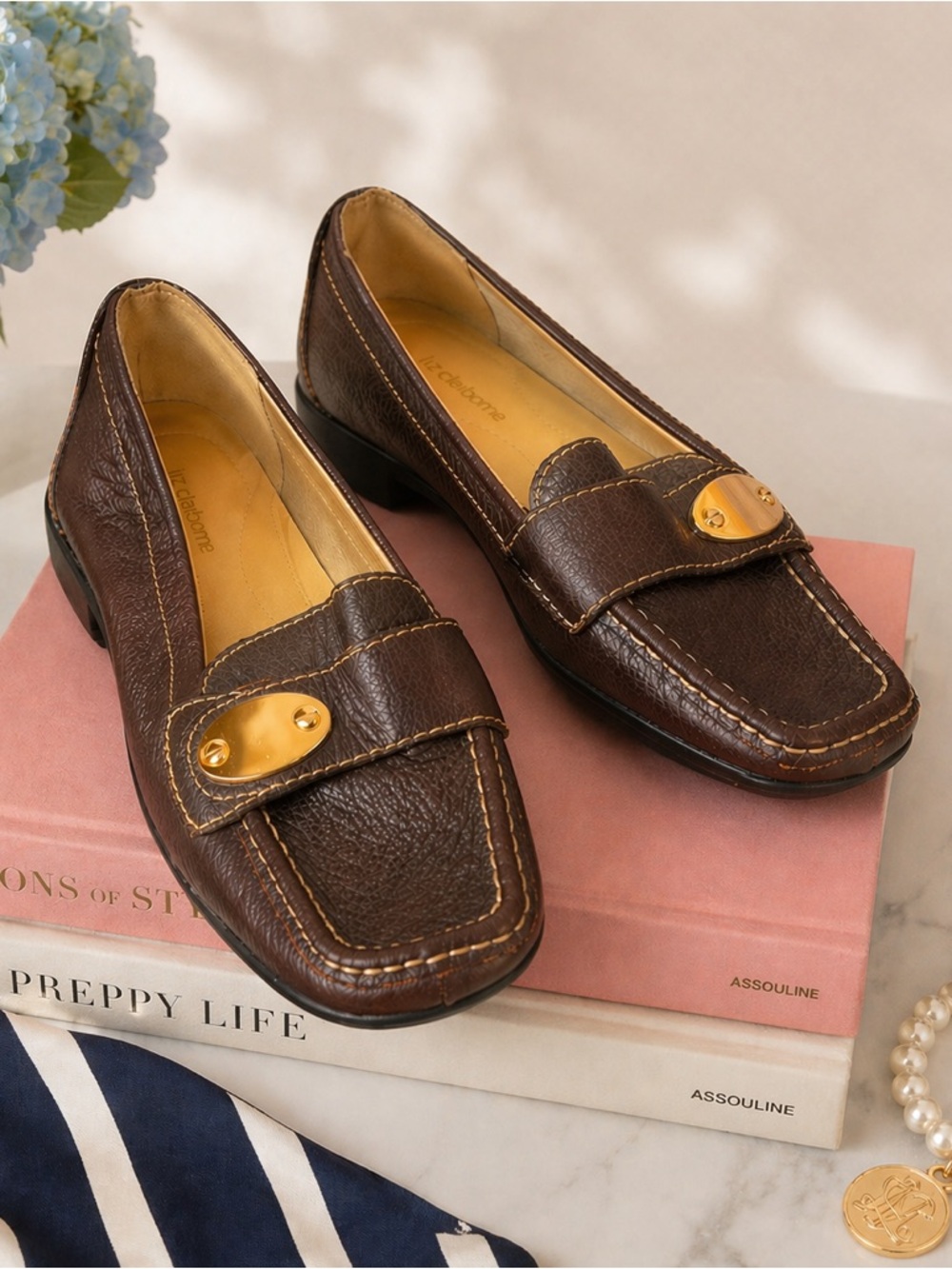 Liz Claiborne Leather Loafers | Mocha Brown Gold Hardware Preppy Chic | Size 8